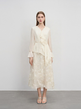 sdeer圣迪奥女装秋优雅v领荷叶边绣花网纱连衣裙S241Z12D6