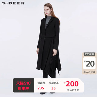 sdeer圣迪奥毛呢大衣女装平驳领风琴褶纯黑长款风衣外套S20381826