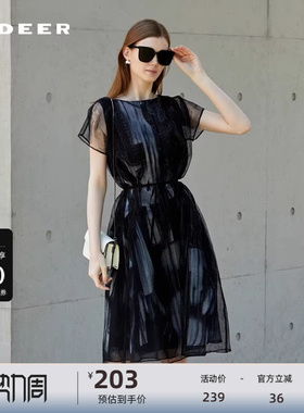 S·DEER圣迪奥女装圆领印花网眼收腰短袖连衣裙S232Z12N2