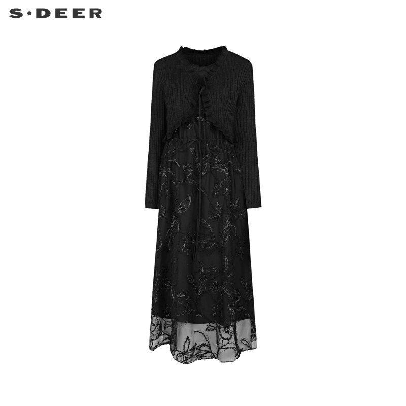 sdeer圣迪奥女装优雅网纱不规则针织衫连衣裙套装S241Z1416