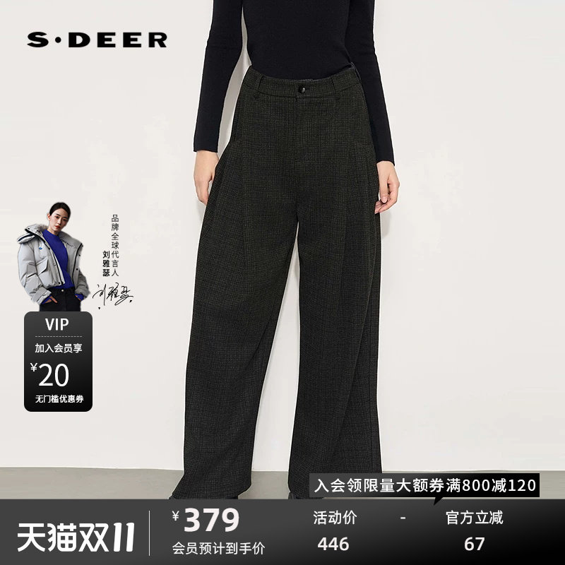 sdeer圣迪奥女装26年新品复古高腰撞色格纹压褶直筒长裤