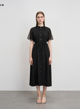 【淡人穿搭】sdeer圣迪奥木耳边圆领风琴褶网纱连衣裙S242Z1268