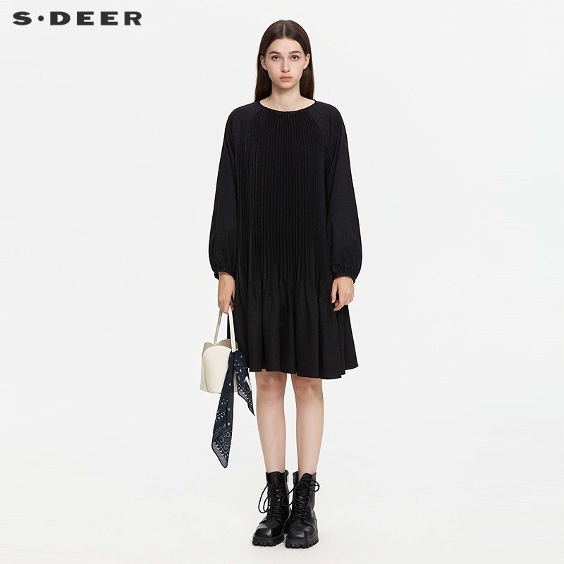 sdeer圣迪奥女装25年新品时尚圆领风琴褶插肩袖连衣裙S253Z1253