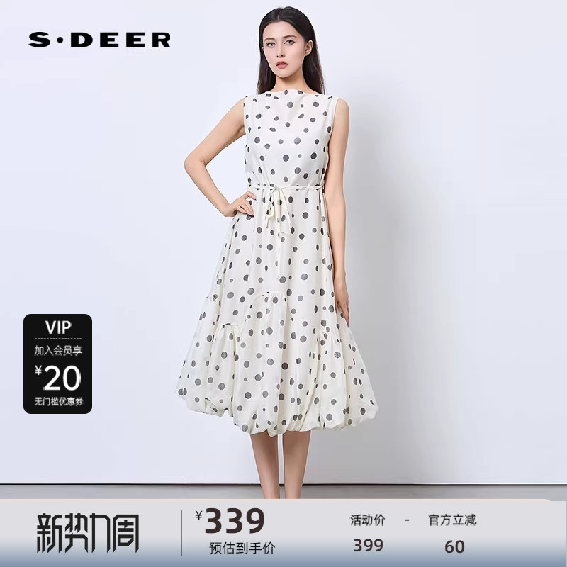 sdeer圣迪奥女装25年新品复古圆领波点收腰无袖连衣裙S252