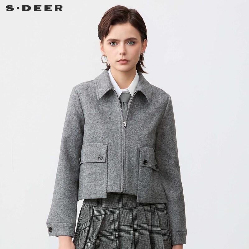 sdeer圣迪奥女装OL风翻领大口袋毛呢短款外套S243Z2201