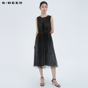 sdeer圣迪奥女装圆领格纹收腰网纱连衣裙S222Z1265
