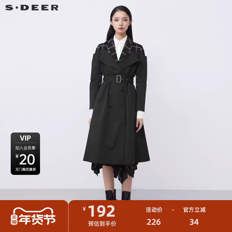 sdeer圣迪奥女装2025秋款休闲西装领格纹拼接长款风衣S21381808