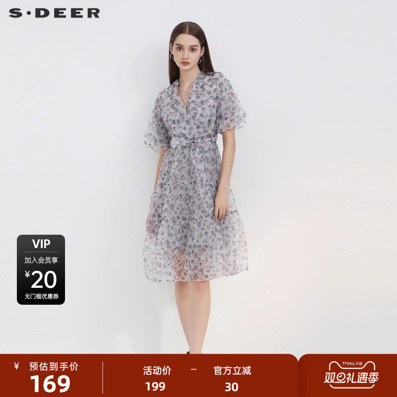 sdeer圣迪奥女装秋V领碎花收腰泡泡袖连衣裙S223Z120E