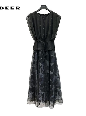 sdeer圣迪奥女装圆领印花收腰网纱无袖连衣裙S242Z12R1