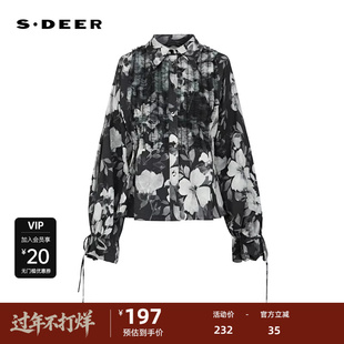 sdeer圣迪奥女装复古翻领压褶印花系带衬衫S241Z0514
