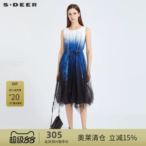 sdeer圣迪奥时尚圆领渐变网纱收腰无袖连衣裙S21181221