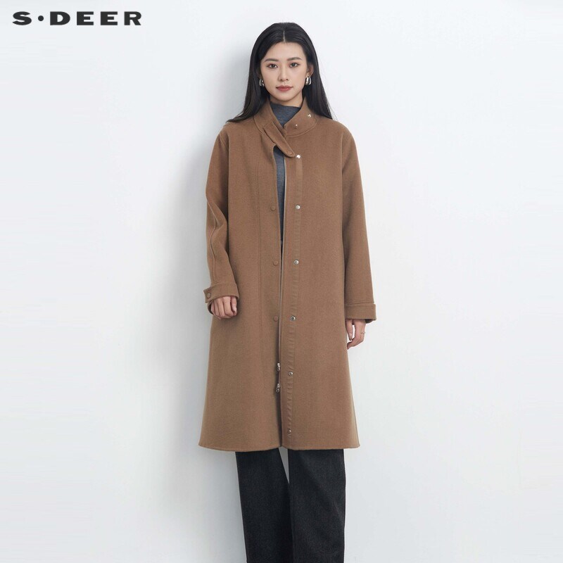 sdeer圣迪奥女装美拉德风立领收腰双面呢大衣S23482515