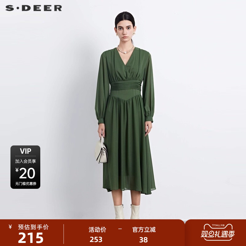 s.deer压褶垂坠雪纺长袖连衣裙