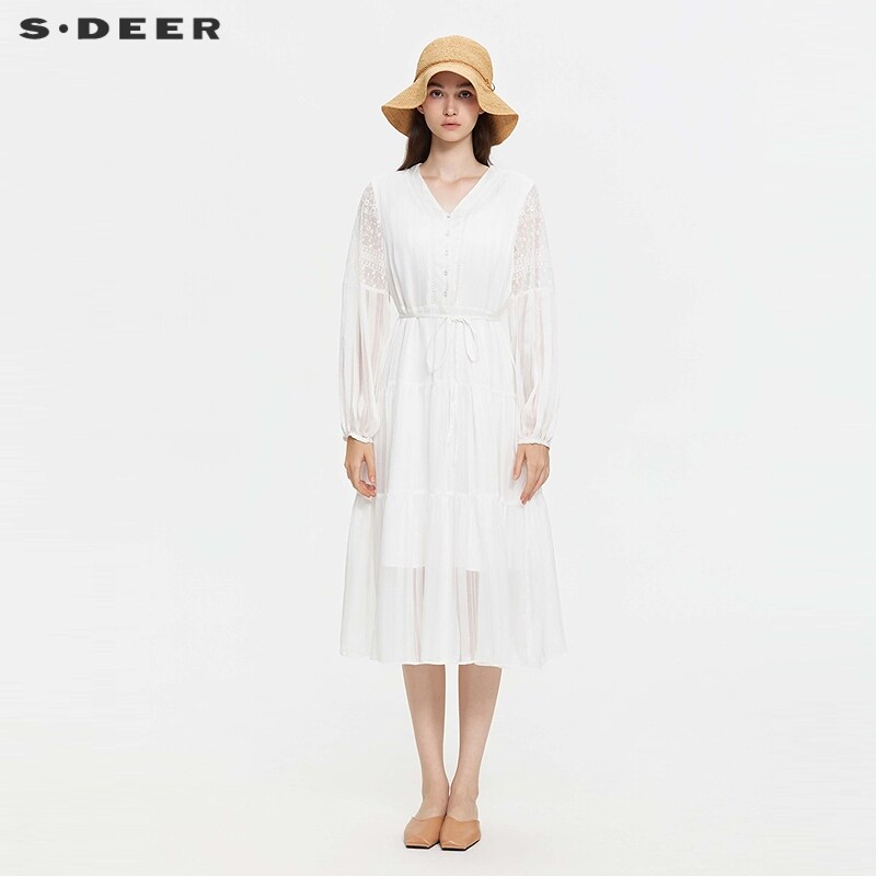 sdeer圣迪奥女装25年新品田园风V领收腰绣花长袖连衣裙S253Z1213