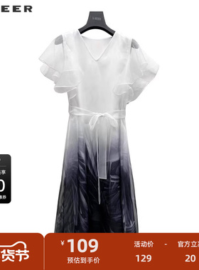sdeer圣迪奥女装V领收腰晕染欧根纱短袖连衣裙S223Z124G
