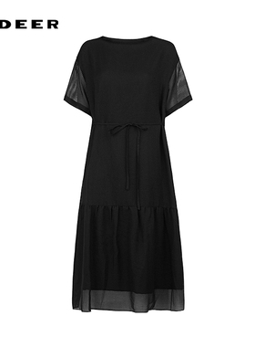 sdeer圣迪奥女装25年新品时尚圆领收腰不规则短袖连衣裙S252Z1296