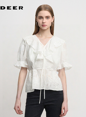 sdeer圣迪奥女装复古V领荷叶边收腰绣花衬衫S242Z0453