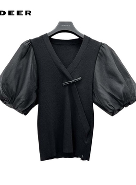 sdeer圣迪奥女装罗纹V领盘扣泡泡袖针织衫S242Z3507