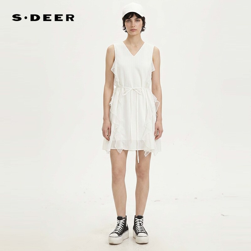 【预售】sdeer圣迪奥女装26年新品V领网纱拼接收腰无袖连衣裙