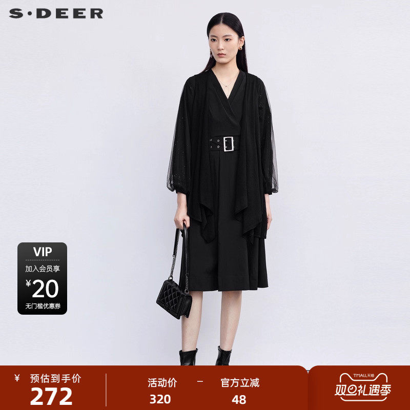 【sdeer奥莱】圣迪奥秋时尚网纱收腰外套连衣裙套装S223Z1