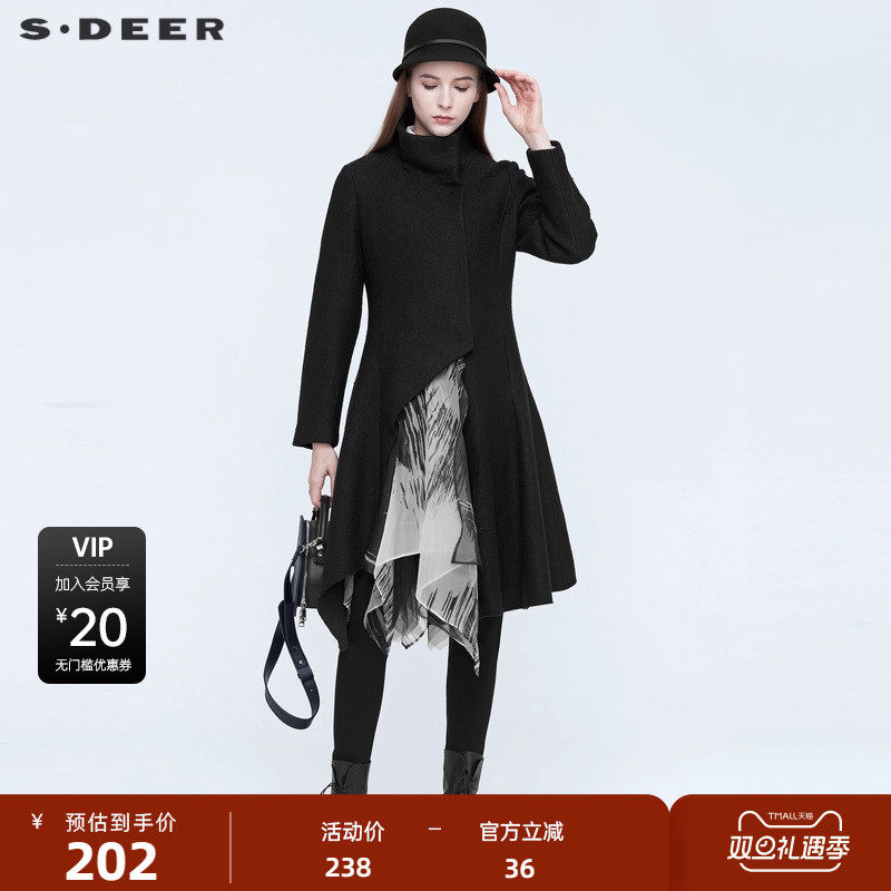 sdeer圣迪奥女装毛呢大衣时尚立领不规则拼接风衣外套S20481826