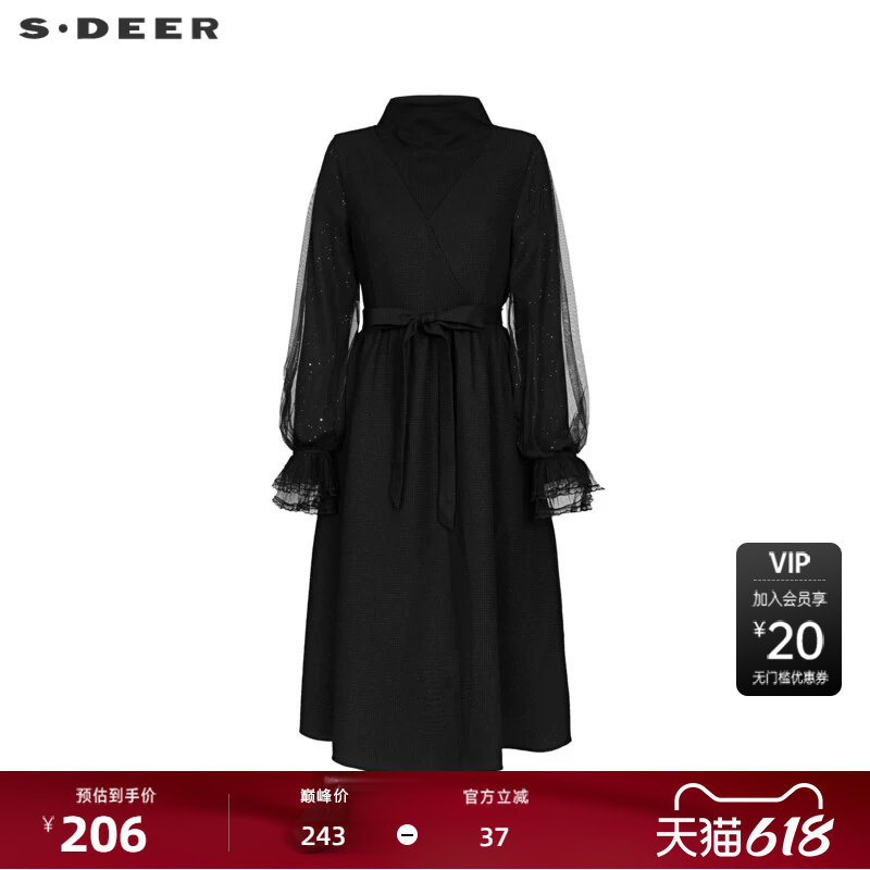 sdeer圣迪奥秋高领收腰网纱拼接花边连衣裙S233D1215