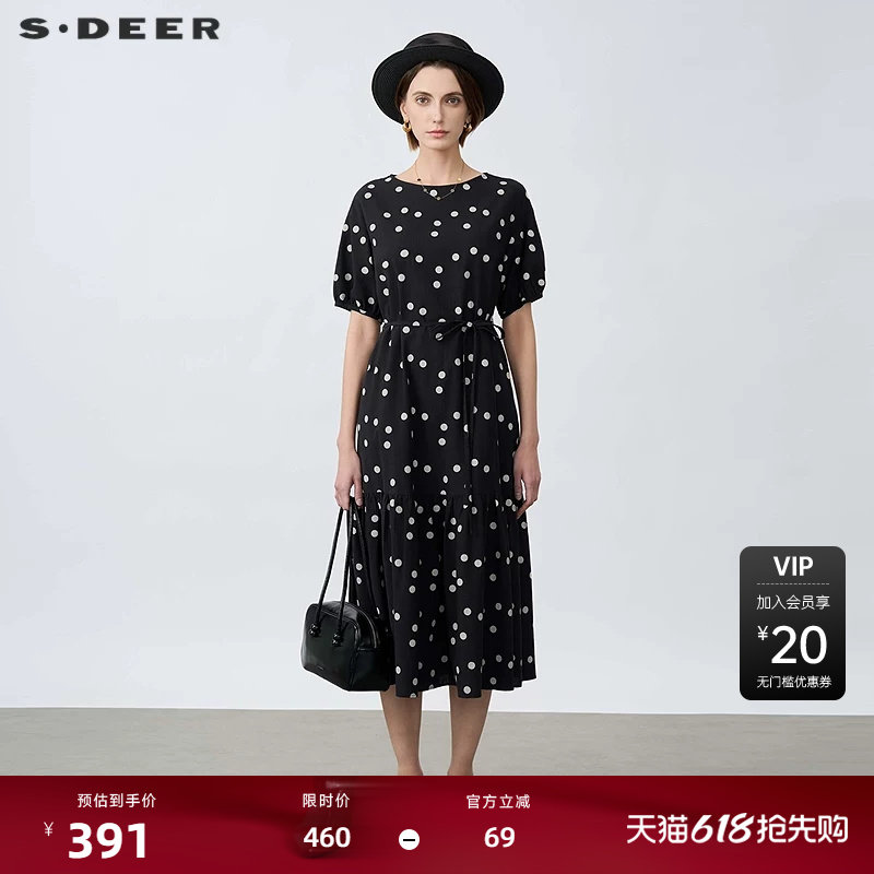 sdeer圣迪奥2025年新品复古圆领撞色波点收腰短袖连衣裙S2
