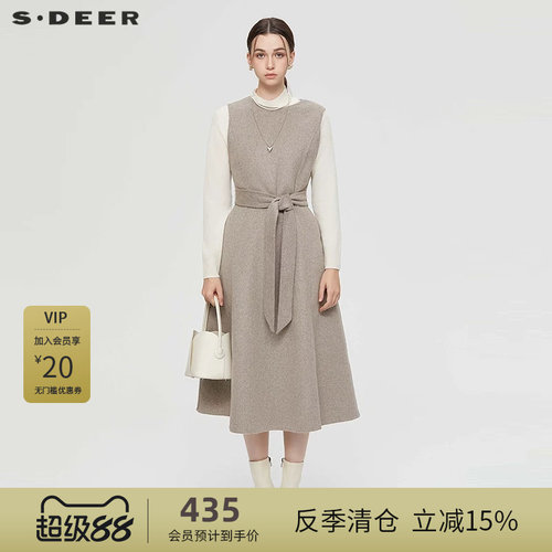 s.deer圆领收腰毛呢无袖连衣裙