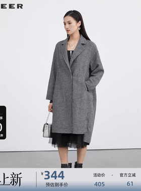 sdeer圣迪奥女装西装领格纹茧型长款毛呢大衣S214Z1871