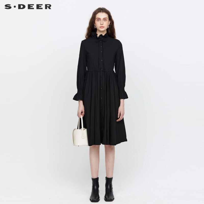 S·DEER圣迪奥女装秋木耳边系带收腰喇叭袖不规则连衣裙S221