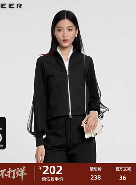 sdeer圣迪奥女装秋立领网纱灯笼袖短款外套S231Z2221