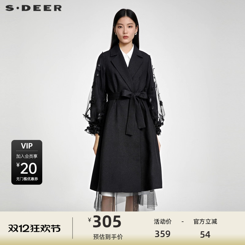 s.deer西装领网纱绣花长款风衣