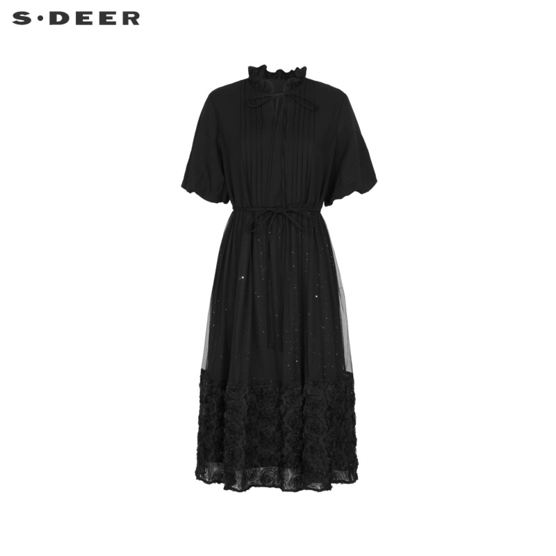 sdeer圣迪奥女装木耳边风琴褶收腰网纱泡泡袖连衣裙S242Z12J9