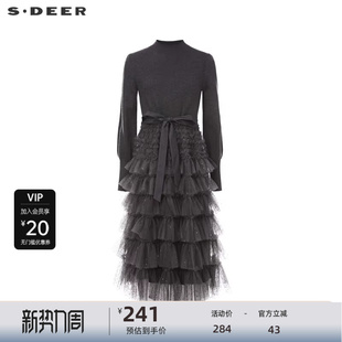 sdeer圣迪奥女装 优雅圆领收腰网纱蛋糕裙连衣裙S234Z1218