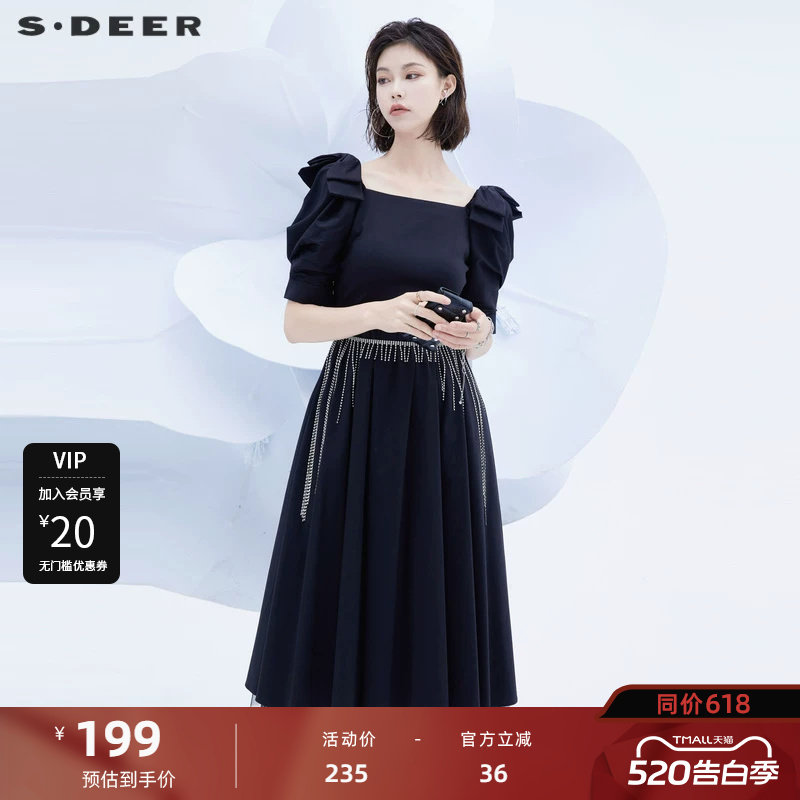 sdeer圣迪奥女装学院风方领收腰网纱泡泡袖连衣裙S222812