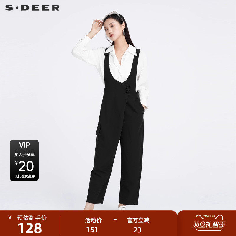 sdeer圣迪奥女装秋休闲拼接宽松背带长裤S221Z1005