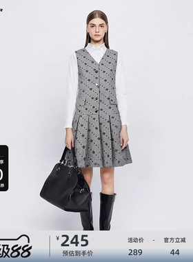 sdeer圣迪奥女装学院风V领印花毛呢无袖连衣裙S244Z1289