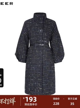 【秒杀】sdeer圣迪奥女装立领格纹收腰长款呢子大衣S224Z25C1