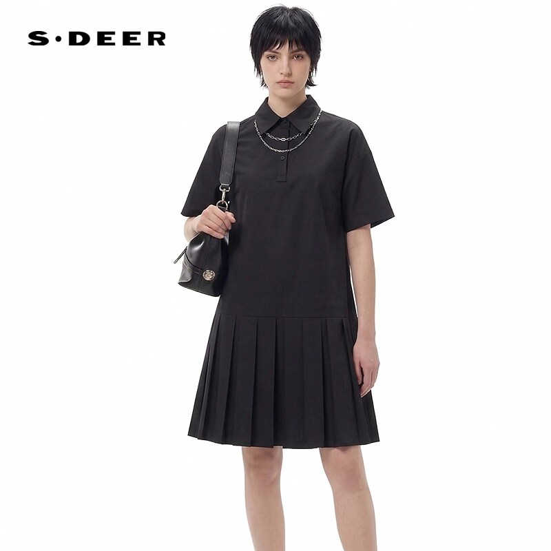 sdeer圣迪奥女装学院风翻领百褶拼接衬衫连衣裙S252Z121