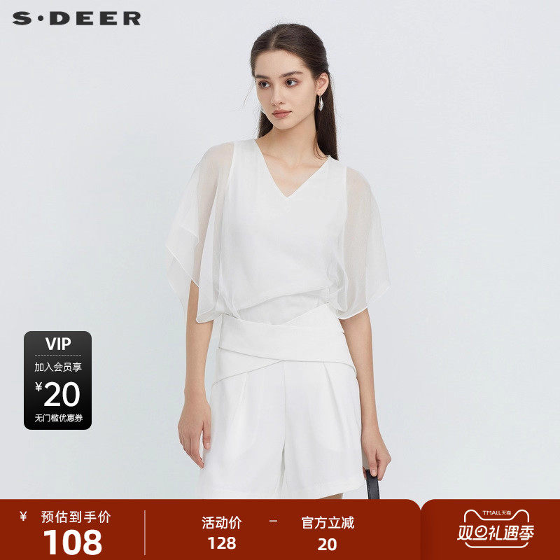 sdeer圣迪奥女装V领雪纺拼接不规则短袖T恤S223Z0115