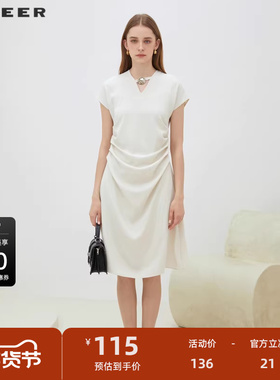 sdeer圣迪奥OL风V领压褶缎面短袖连衣裙S223Z12W2