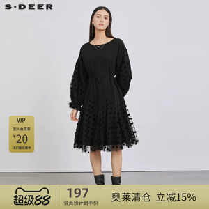 sdeer圣迪奥女装秋圆领收腰波点网纱长袖连衣裙S223Z12CV