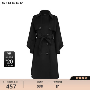 sdeer圣迪奥女装 大衣S233Z2515 秋翻领双排扣收腰毛呢长款