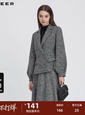 sdeer圣迪奥女装西装领格纹肌理短款外套S223Z2249