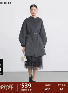 sdeer圣迪奥女装立领收腰泡泡袖毛呢长款大衣S224Z2580