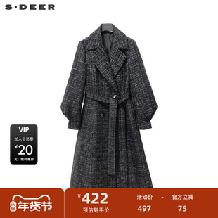 sdeer圣迪奥女装西装领格纹收腰灯笼袖长款羽绒服S234Z2404