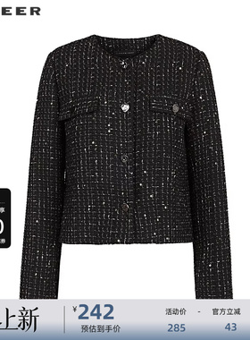 sdeer圣迪奥女装小香风法式圆领格纹短款呢外套S234Z2202