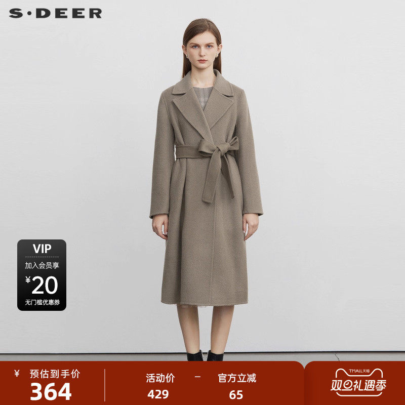 sdeer圣迪奥女装西装领收腰毛呢长款大衣S22482515