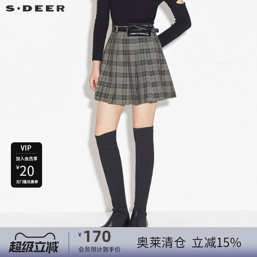 s.deer撞色格纹百褶裙短裙