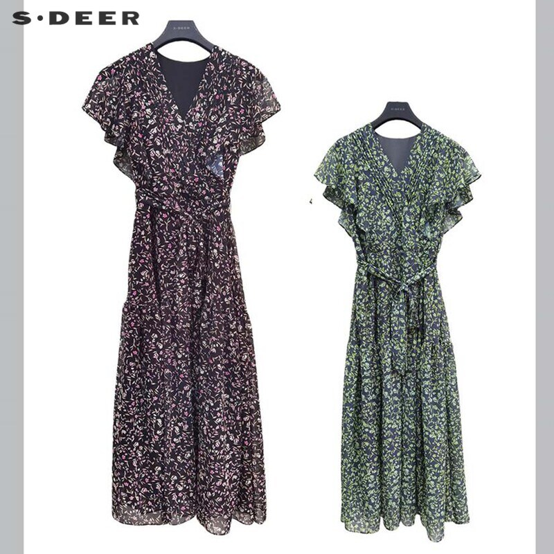 sdeer圣迪奥女装V领荷叶边碎花收腰雪纺连衣裙S233Z127